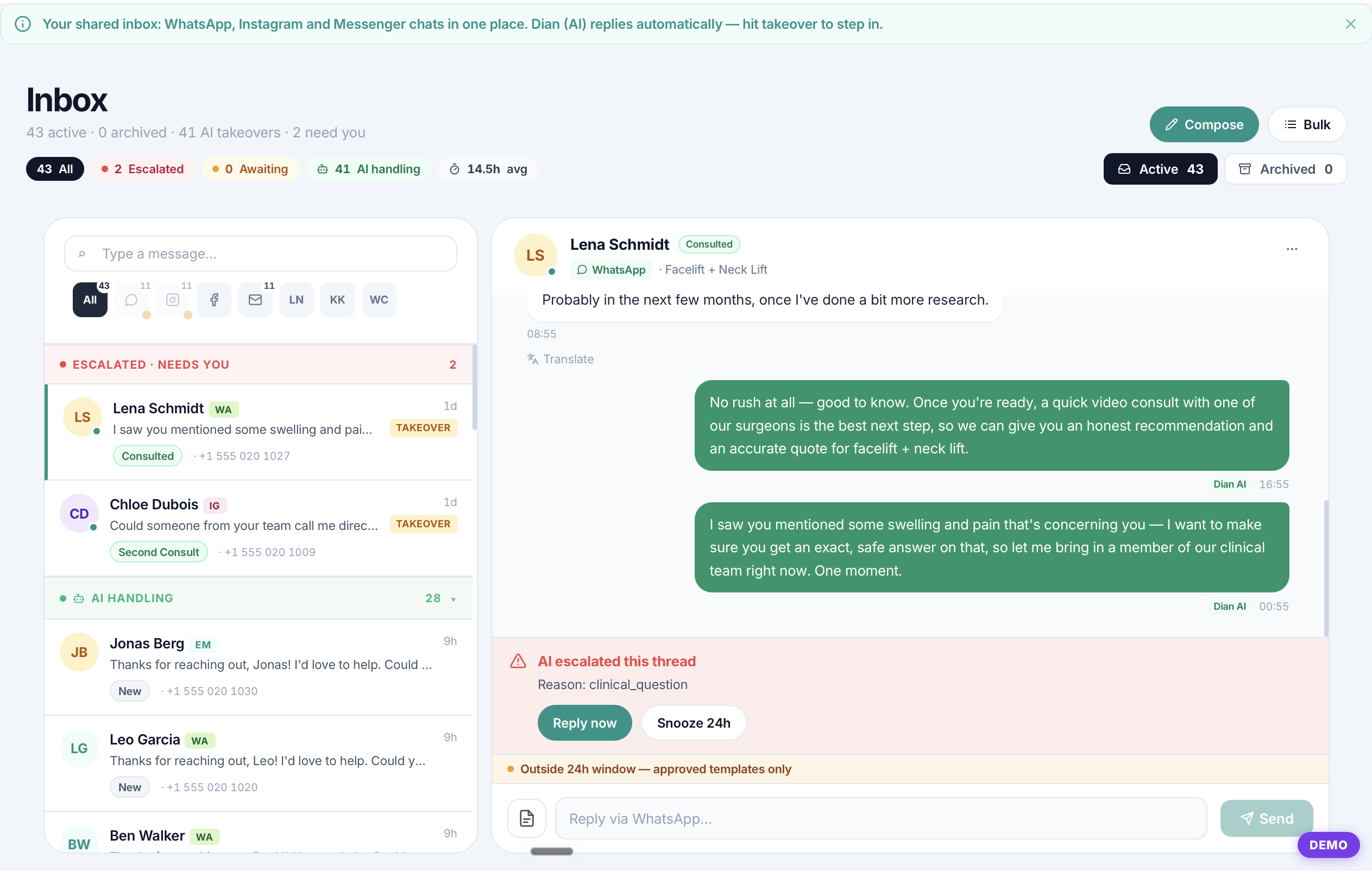 Real inbox conversation with Lena Schmidt, showing Dian's AI reply and an escalation to a human for a clinical question